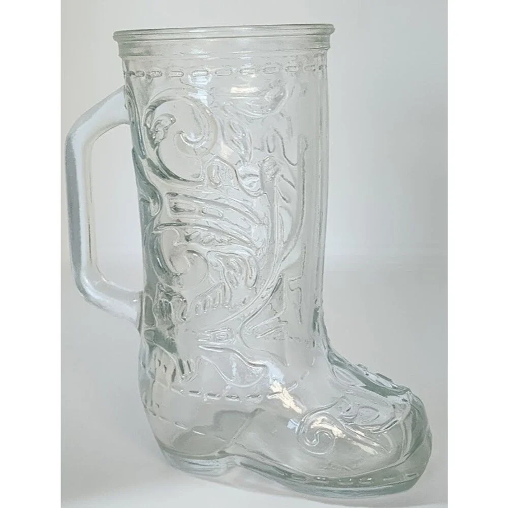 Cowboy Boot Clear Vintage Embossed Heavy Glass Bar Draft Beer Pint Mug Barware